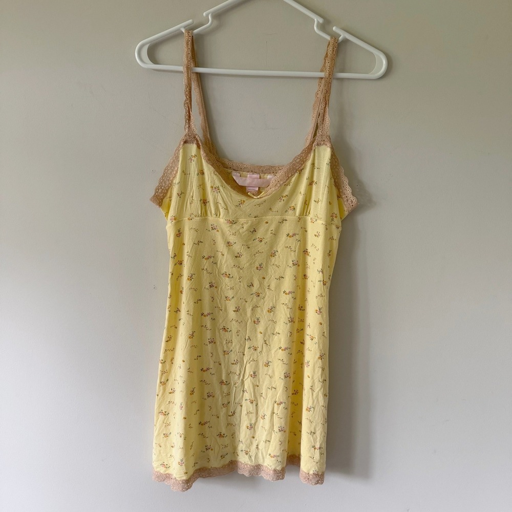 Vintage Victorias Secret Angels Yellow Floral Lace Trim Chemise Nightgown L